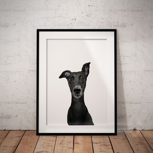 Cute Black Greyhound, Whippet Giclée Art Print With White Background,  With Custom Name/Wording