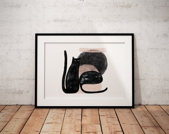 Abstract Black Cat Print Wall Art Poster Two Cats Print Wall Decor Wall Art Cat Lover Black Cat Portrait Abstract Black Cat Art UNFRAMED