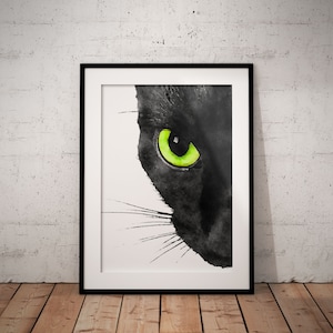 Black Cat Print Giclee Art Print On A White Background, UNFRAMED