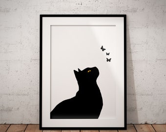 May include: Black silhouette of a cat looking up at a row of black butterflies against a white background.