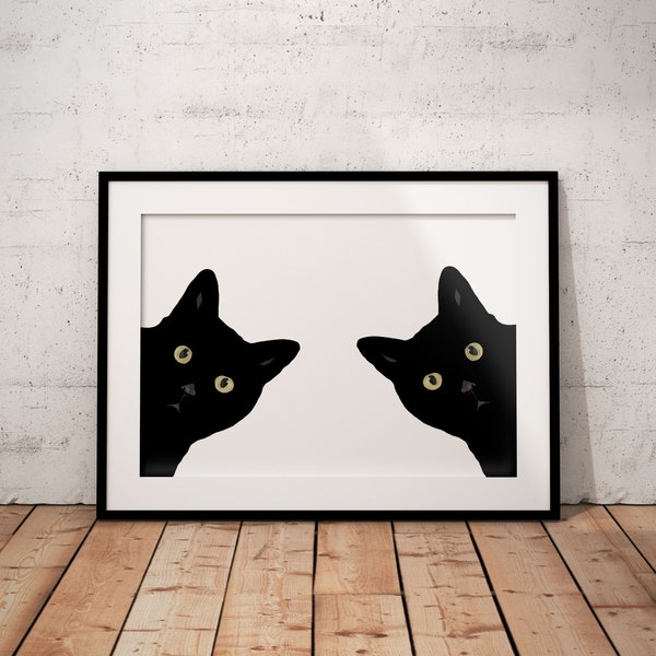 2 Black Cats Print Wall Art Poster Art Print Cat Print Wall Decor Wall Art Cat Lover Gift Black Cat Portrait Personalised UNFRAMED