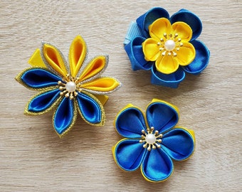 Ukraine Flag Handmade Kanzashi flower hair clip barrette/ Geisha yukata hair accessories / Blue & Yellow