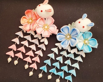 Handmade Kanzashi cherry blossom sakura  flowers hair clip barrette with rabbit bunny/ Easter Bunny/ Geisha yukata hair accessories