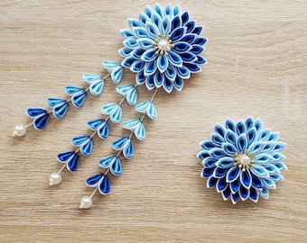 Handmade Kanzashi dahlia flower hair clip barrette/ Geisha yukata hair accessories / light blue navy  flower clip