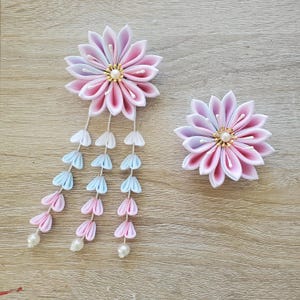 手作りかんざし 花のヘアクリップ バレッタ/ピンク ブルー/桜/芸者浴衣ヘアアクセサリー
