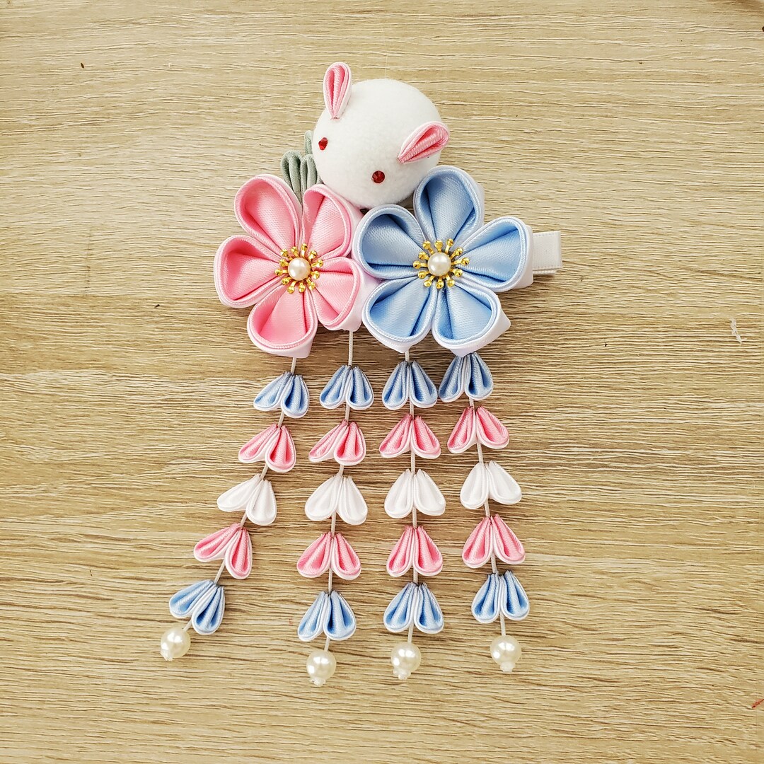 Pink/blue Bunny Handmade Kanzashi Cherry Blossom Sakura Flowers Hair ...