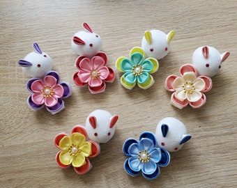 Kanzashi bunny cherry blossom Sakura Double layer flower hair clip barrette / Geisha yukata hair accessories