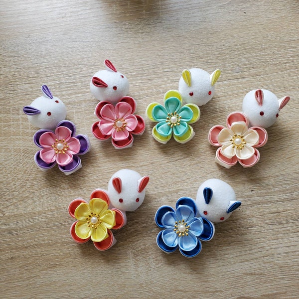 Kanzashi bunny cherry blossom Sakura Double layer flower hair clip barrette / Geisha yukata hair accessories