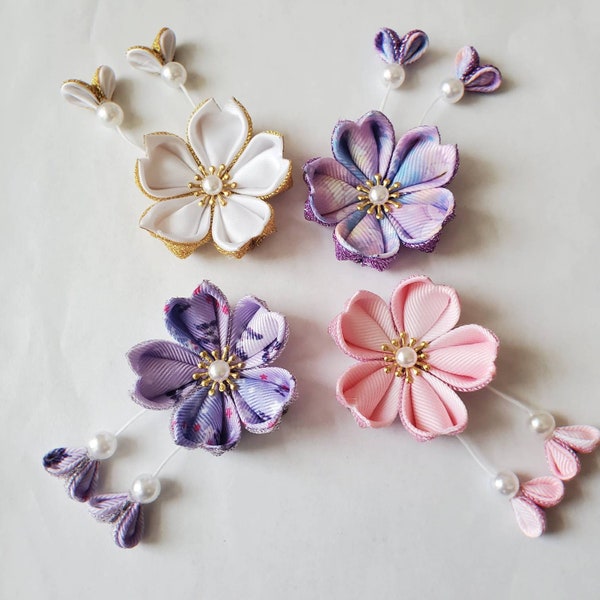 Kanzashi glittery cherry blossom Sakura flower hair clip barrette with cute tassels / geisha yukata hair clips