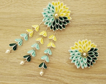 Handmade Kanzashi dahlia flower hair clip barrette/ Geisha yukata hair accessories / green mint yellow flower clip