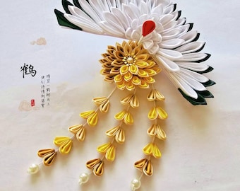 Handmade Kanzashi cherry blossom sakura flowers hair clip with Crane / Geisha yukata hair accessories