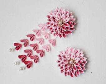 Handmade Kanzashi dahlia flower hair clip barrette/ Geisha yukata hair accessories / pink red gift