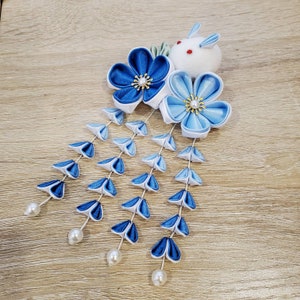 Blue Easter bunny Handmade Kanzashi cherry blossom sakura flowers hair clip with rabbit bunny/Geisha yukata hair accessories