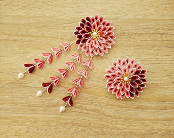 Handmade Kanzashi dahlia flower hair clip barrette/ Geisha yukata hair accessories / pink red flower clip