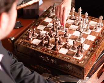Handmade Walnut Chess Set with Metal Pieces: Christmas Gift for Dad
