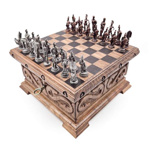 Handmade Walnut Chess Set with Metal Pieces: Custom Engraved Gift