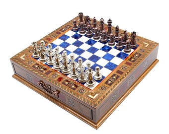 Personalized Handmade Chess with Storage Metal Chess Pieces, Wooden Custom Chess Board