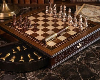Handmade Walnut Chess Board with Metal Pieces, Storage Anniversary Present for Husband Christmas Gift for Him