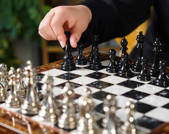 Handmade Personalized Wooden Chess Set with Metal Pieces & Storage