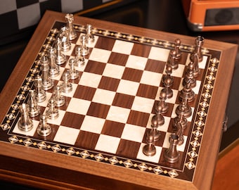 Handmade Wooden Chess Set with Storage Drawers Luxury Mosaic & Rosewood Inlay Chess Board with Metal Pieces Unique Gift for Him