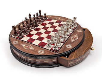 Handmade Round Wooden Custom Chess Set with Drawer, Heavy Metal Chess Pieces, Premium Christmas Gift For Dad, Him
