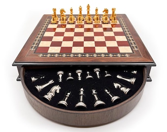 Walnut Chess Set with Metal Chess Pieces and Drawers, Handmade Custom Chess Board with Storage,  Gift for Christmas Anniversary him