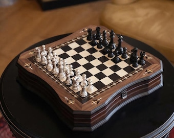 Black Unique Chess Board with Classic Chess Pieces Luxury Gift for Him Special Anniversary Present