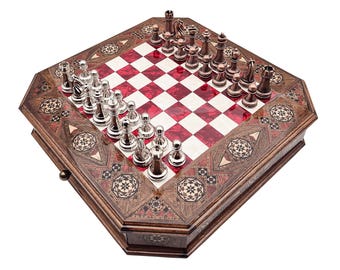 Handmade Octagonal Wooden Chess Set with Metal Pieces & Storage