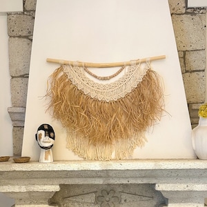 Raffia Macrame Wall Hanging, Macrame Wall Decor with Beaded, African Style Fringed Wall Art, Bohemian Raffia Wall Art, Home Decor