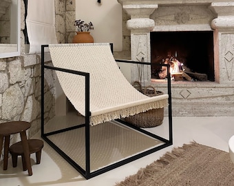 Lounge Accent Sling Chair, Modern Accent Handmade Armchair, Boho Home Midcentury Decoration, Black Steel Metal Handmade Macrame Armchair