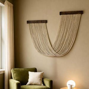 May include: A living room scene featuring a green velvet armchair with a beige pillow, a small wooden side table with a glowing orb lamp, and a woven rug. A wall hanging made of beige rope hangs above the chair.