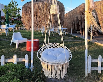 Silla colgante de macramé, silla hamaca de macramé, silla colgante de macramé, columpio redondo de macramé, columpio hecho a mano, silla hamaca de interior, silla de exterior