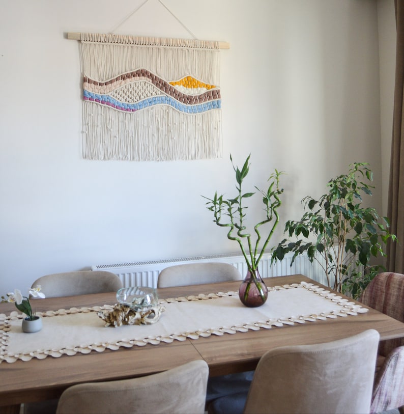 Stor väggbonad i makramé | Boho vävd ullgobeläng | Handgjord fiberkonstdekor | Neutral väggkonst för vardagsrum eller sovrum bild 7