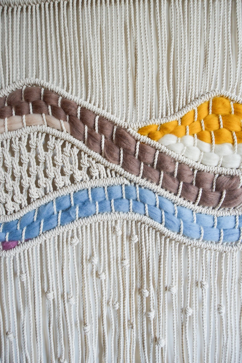 Stor väggbonad i makramé | Boho vävd ullgobeläng | Handgjord fiberkonstdekor | Neutral väggkonst för vardagsrum eller sovrum bild 6