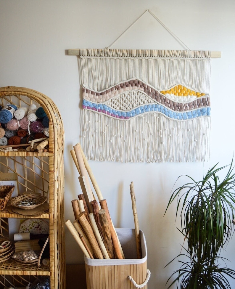 Stor väggbonad i makramé | Boho vävd ullgobeläng | Handgjord fiberkonstdekor | Neutral väggkonst för vardagsrum eller sovrum bild 1