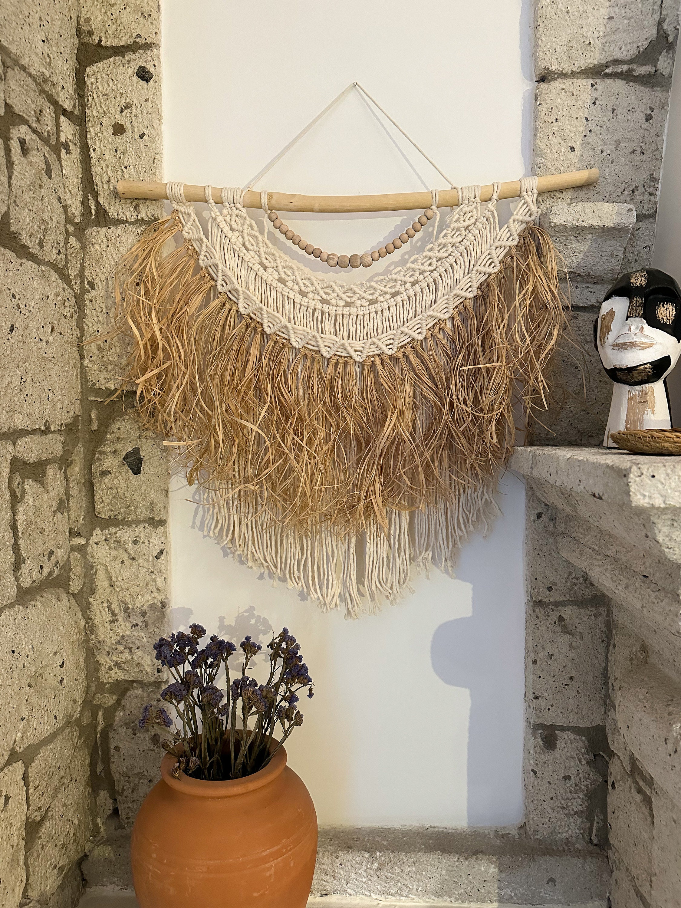 Raffia Macrame Wall Hanging, Macrame Wall Decor With Beaded, African ...