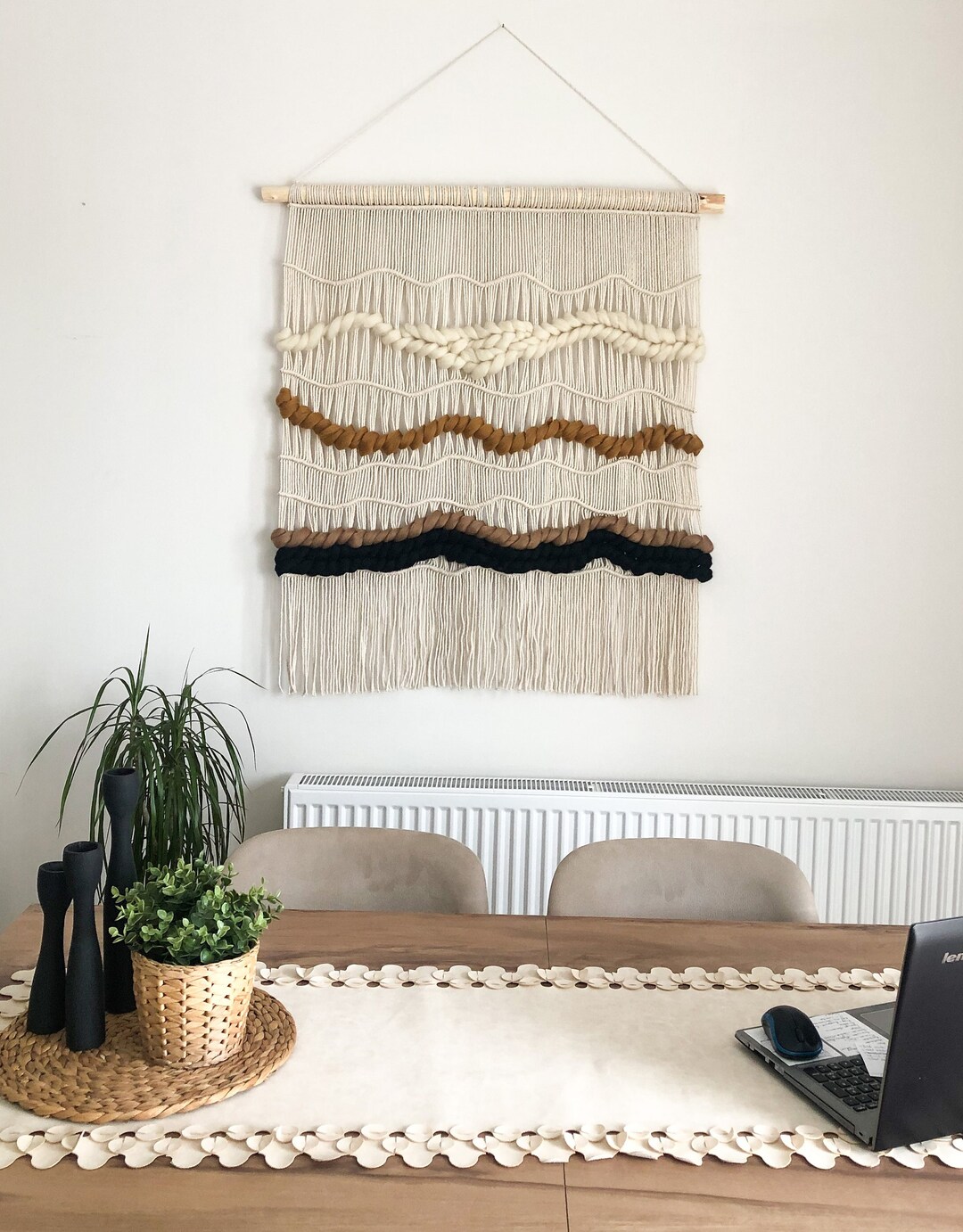 Image showcasing Large Macrame Wall Hanging, Minimalist Neutral Wool Decoration, Boho ...