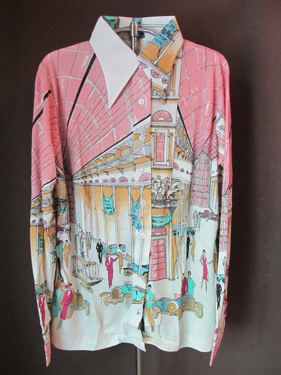 Vintage 70s disco blouse picture print Art Nouveau