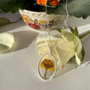 Yellow Flower Necklace, Sterling Silver Necklace, Wildflower Necklace, Pressed Flower Silver Necklace