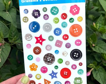 Grandma's Buttons Stickers - Glossy Vinyl Sticker Sheet Weatherproof Waterproof Button Sewing Sticker Sewing Fabric Crafty Artsy Deco Mini