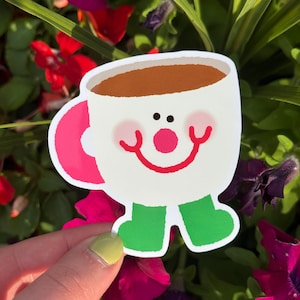 Cute Teacup Sticker - Glossy Vinyl Sticker Weatherproof Waterproof Tea Time Coffee Mug Cup