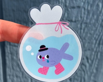 Fish in a Bag - Clear Glossy Vinyl Sticker Pet Fish Aquarium Whimsical Funny Cute