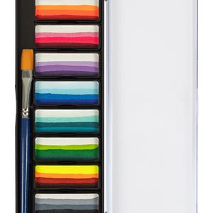 May include: A black and clear plastic case with a set of 10 colorful face paints. The case includes a small brush.
