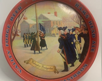 VINTAGE Valley Forge Beer Tray. 12" Round Red Metal Tray with Red and White Logo. Norristown, PA. Adam Scheidt Brewing Co.