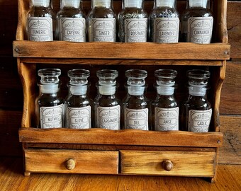 Vintage Apothecary Spice Rack with 12 Spice Jars, Upcycled Rack with New Labels