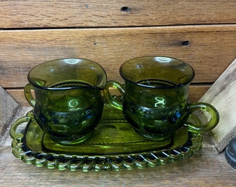 Indiana Glass Kings Crown Thumbprint Avocado Green Glass Sugar Bowl & Creamer Set