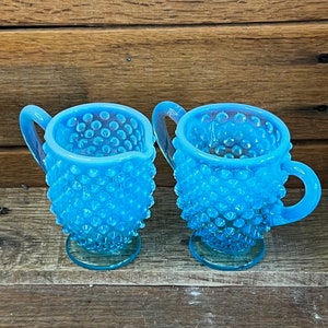 Fenton Glass Blue Opalescent Hobnail Cream and Sugar Set