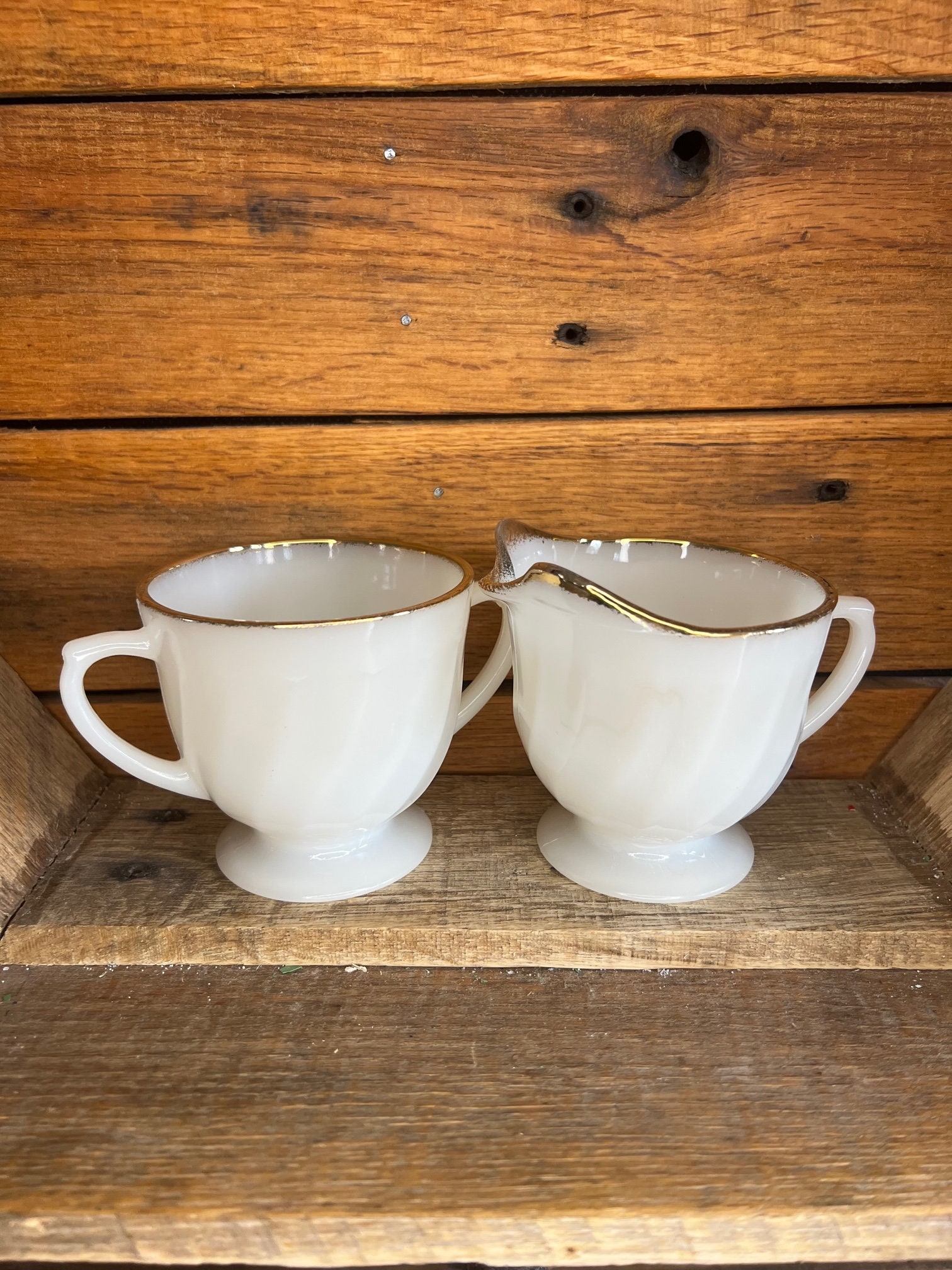 FIRE KING Gold Swirl Fire King Golden Anniversary Creamer and Sugar