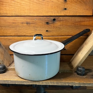 Vintage White with Black Trim Enamelware Saucepan with Lid