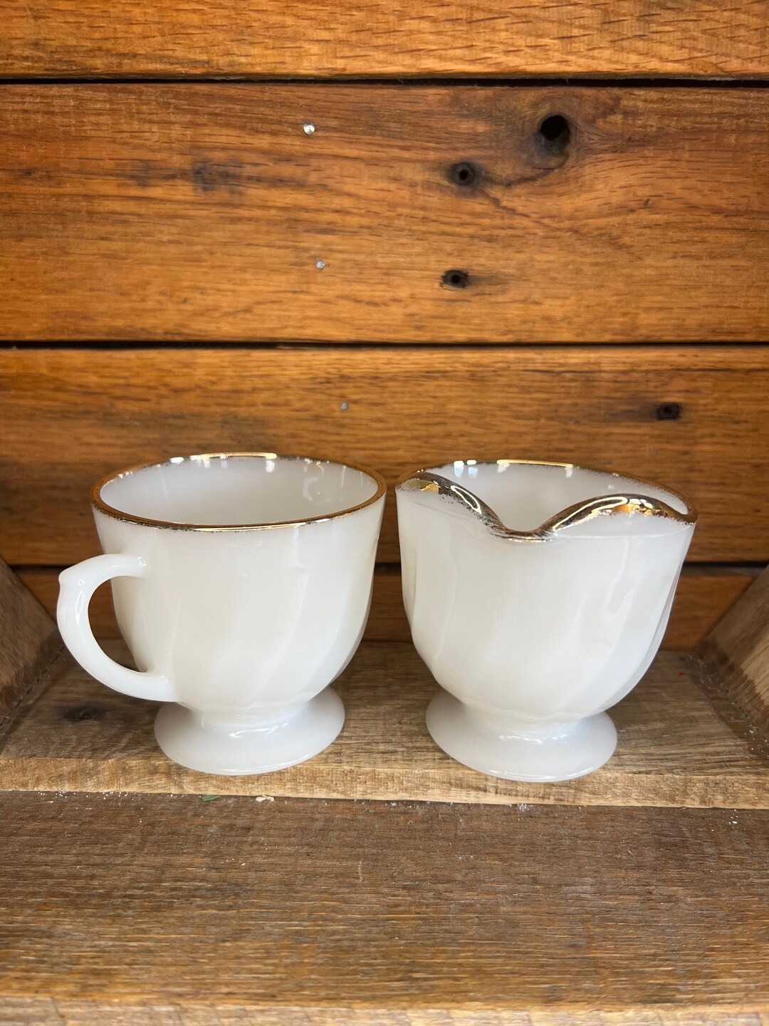 FIRE KING Gold Swirl Fire King Golden Anniversary Creamer and Sugar